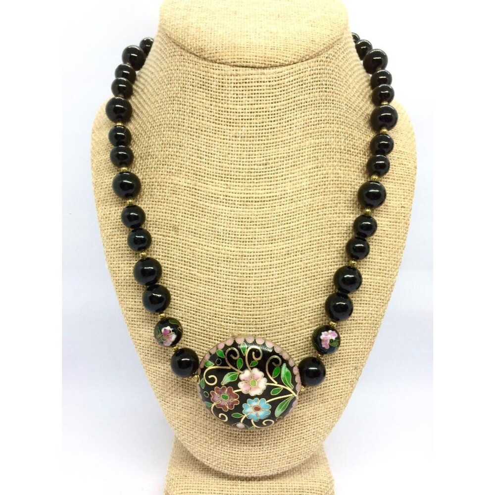 VINTAGE CLOISONNE NECKLACE Black Bead Floral Pendant Gold Tone Statement 22in
